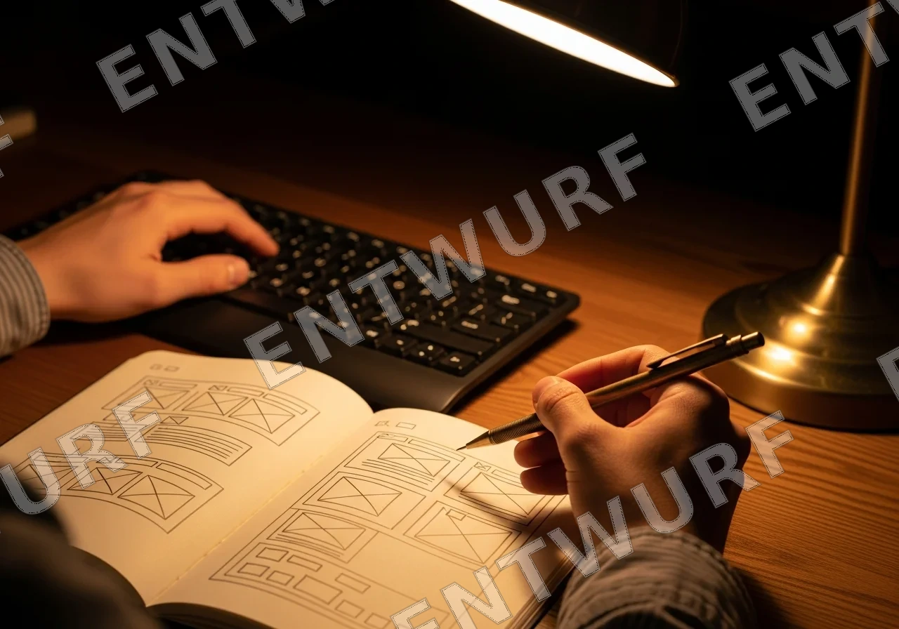 Hände am Holzschreibtisch, eine arbeitet an einer Tastatur, die andere skizziert eine Website